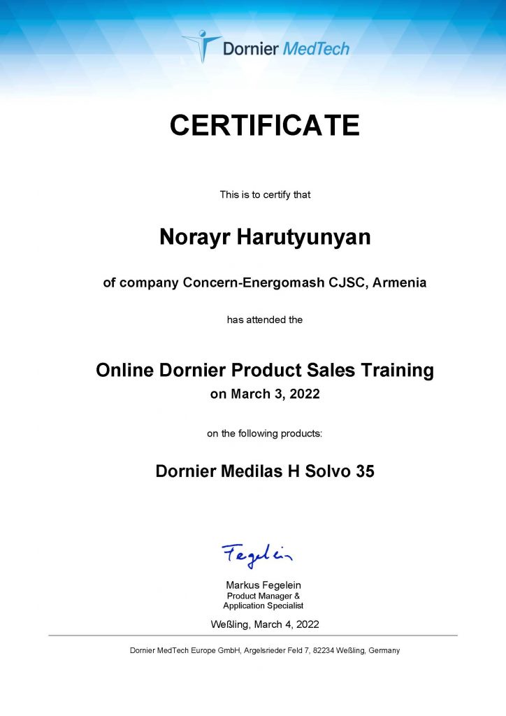 Certificate, Dornier MeDtech